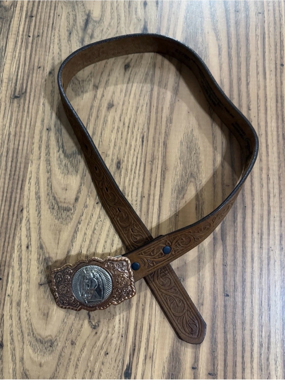 Justin Brown Tooled Leather Western Belt Horse Head Buckle Youth Kids Size 26